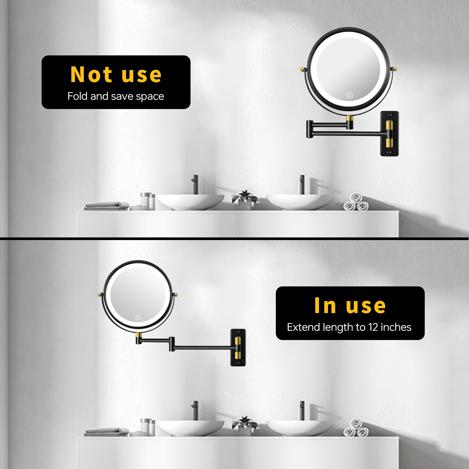 8.6" Wall Mounted Makeup Mirror with LED Lights, Double Sided 1X/10X Magnifying Mirror, 360° Swivel Bathroom Vanity Mirror with Extension Arm, Built-in Battery, Black + Gold - luxuryhomedecoridea.com
