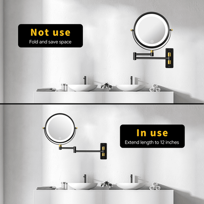 8.6" Wall Mounted Makeup Mirror with LED Lights, Double Sided 1X/10X Magnifying Mirror, 360° Swivel Bathroom Vanity Mirror with Extension Arm, Built-in Battery, Black + Gold - luxuryhomedecoridea.com
