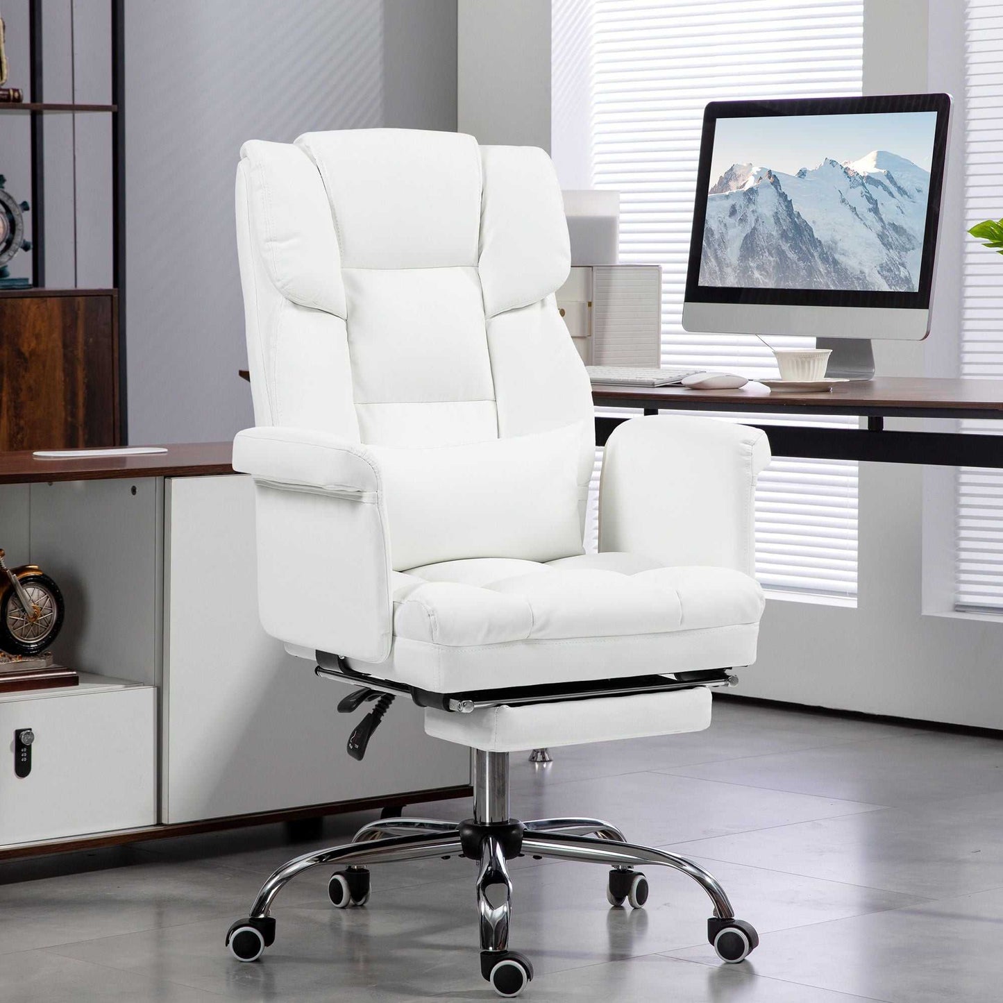 Executive Office Chair with Footrest and Lumbar Support, PU Leather Reclining Office Desk Chair, Ergonomic and Swivel, White - luxuryhomedecoridea.com