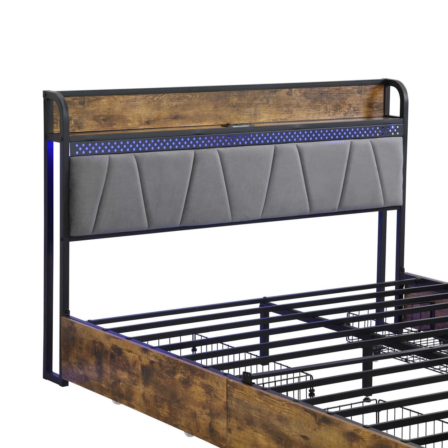 Queen Size Bed Frame, Storage Headboard with Charging Station and 4 Storage Drawers,LED Lights , Brown and Gray - luxuryhomedecoridea.com