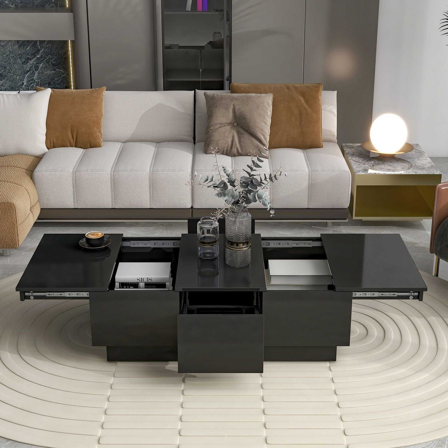 Coffee Table with 2 large Hidden Storage Compartment, Extendable Cocktail Table with 2 Drawers, High-gloss Center Table with Sliding Top for Living Room, 39.3"x21.6", Black - luxuryhomedecoridea.com