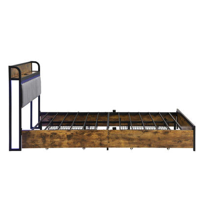 Queen Size Bed Frame, Storage Headboard with Charging Station and 4 Storage Drawers,LED Lights , Brown and Gray - luxuryhomedecoridea.com
