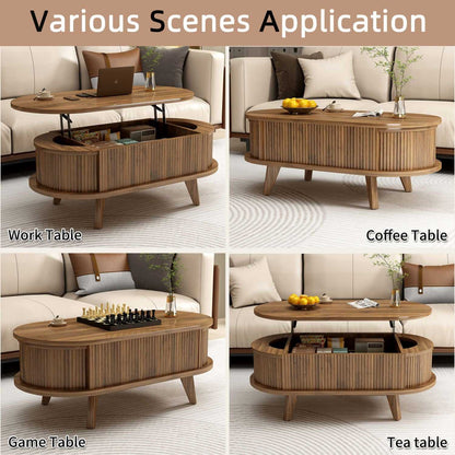 Fluted Lift Top Coffee Table with Hidden Compartment, Wooden Center Table, Modern Oval Lift Tabletop for Home Living Room Office, Walnut Brown Color - luxuryhomedecoridea.com