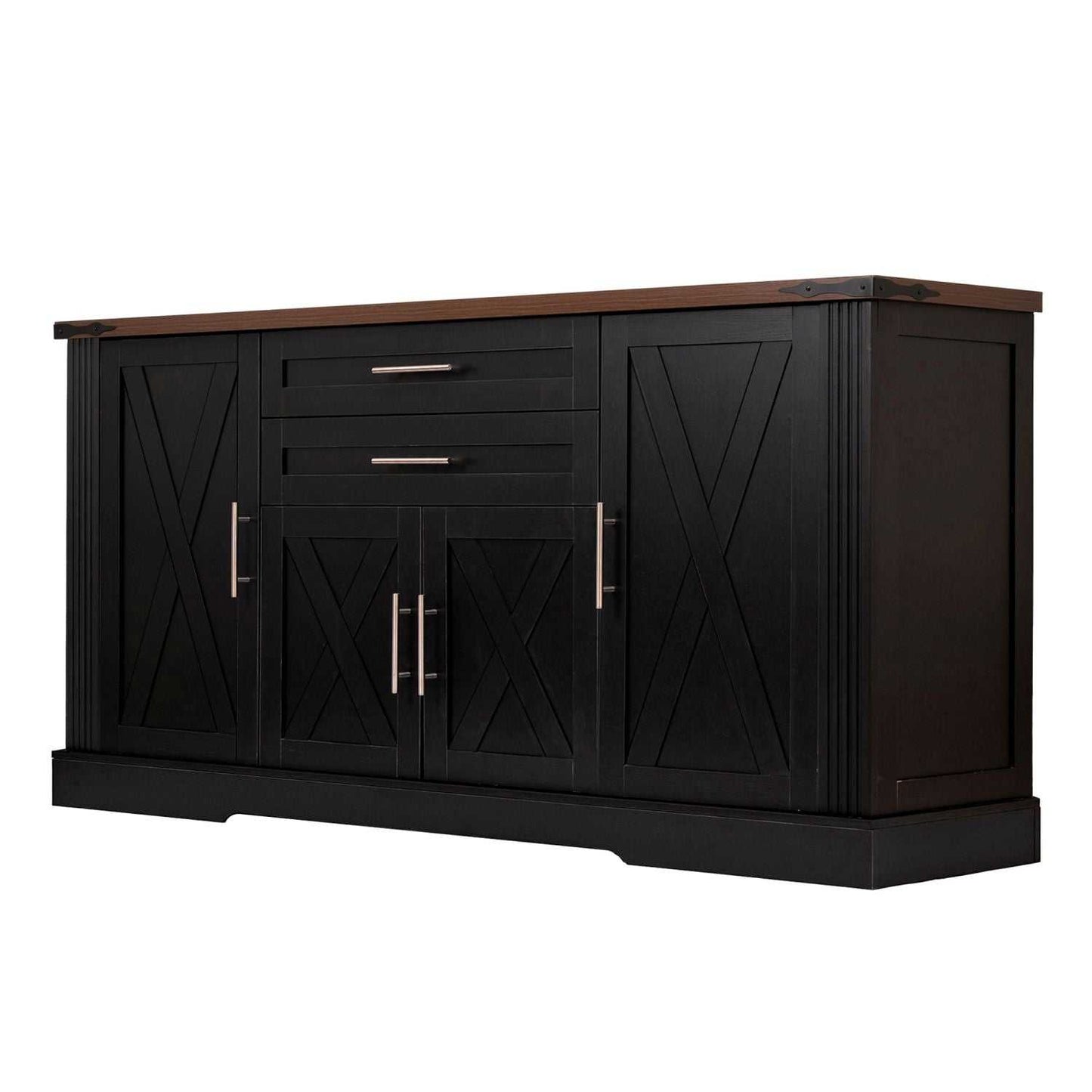 63" Farmhouse Barn Door Storage Cabinet with 2 Drawers & Door Rack, Large Buffet Table Coffee Bar Cabinets with Adjustable Shelves for Kitchen, Living Room, Entryway, Dining Room, Black - luxuryhomedecoridea.com