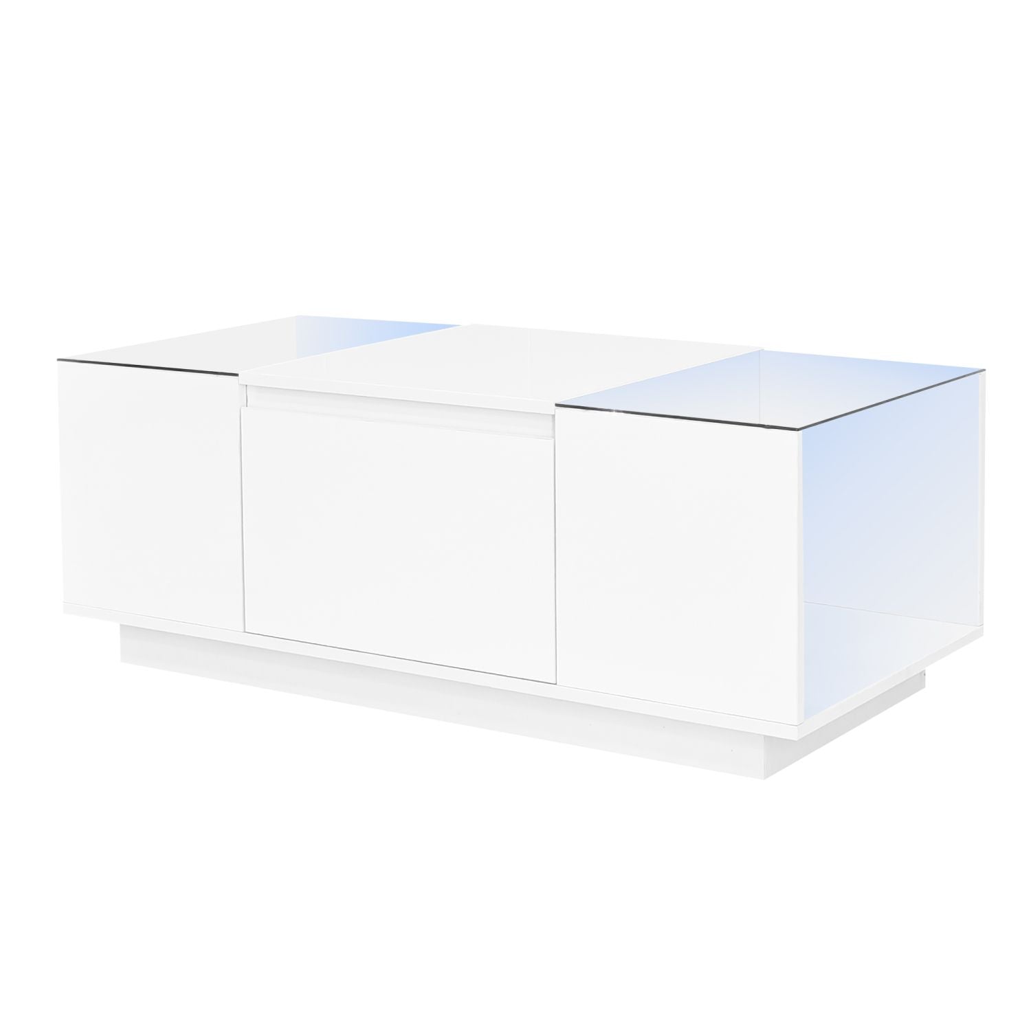 U-Can Led Coffee Table, Modern Center Table with High-Gloss Finish and Glass Tabletop, Coffee Table with Open Storage Compartment and 2 Hidden Drawers for Living Room - luxuryhomedecoridea.com