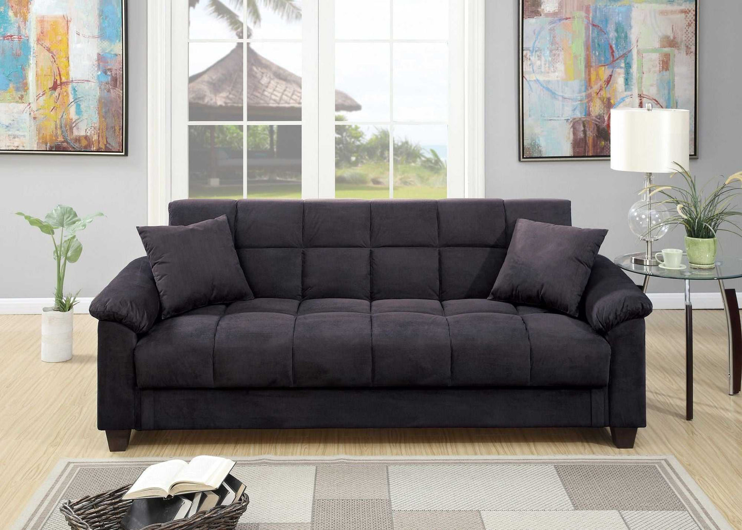 Contemporary Living Room Adjustable Sofa Ebony Microfiber Couch Plush Storage Couch 1pc Futon Sofa w Pillows - luxuryhomedecoridea.com