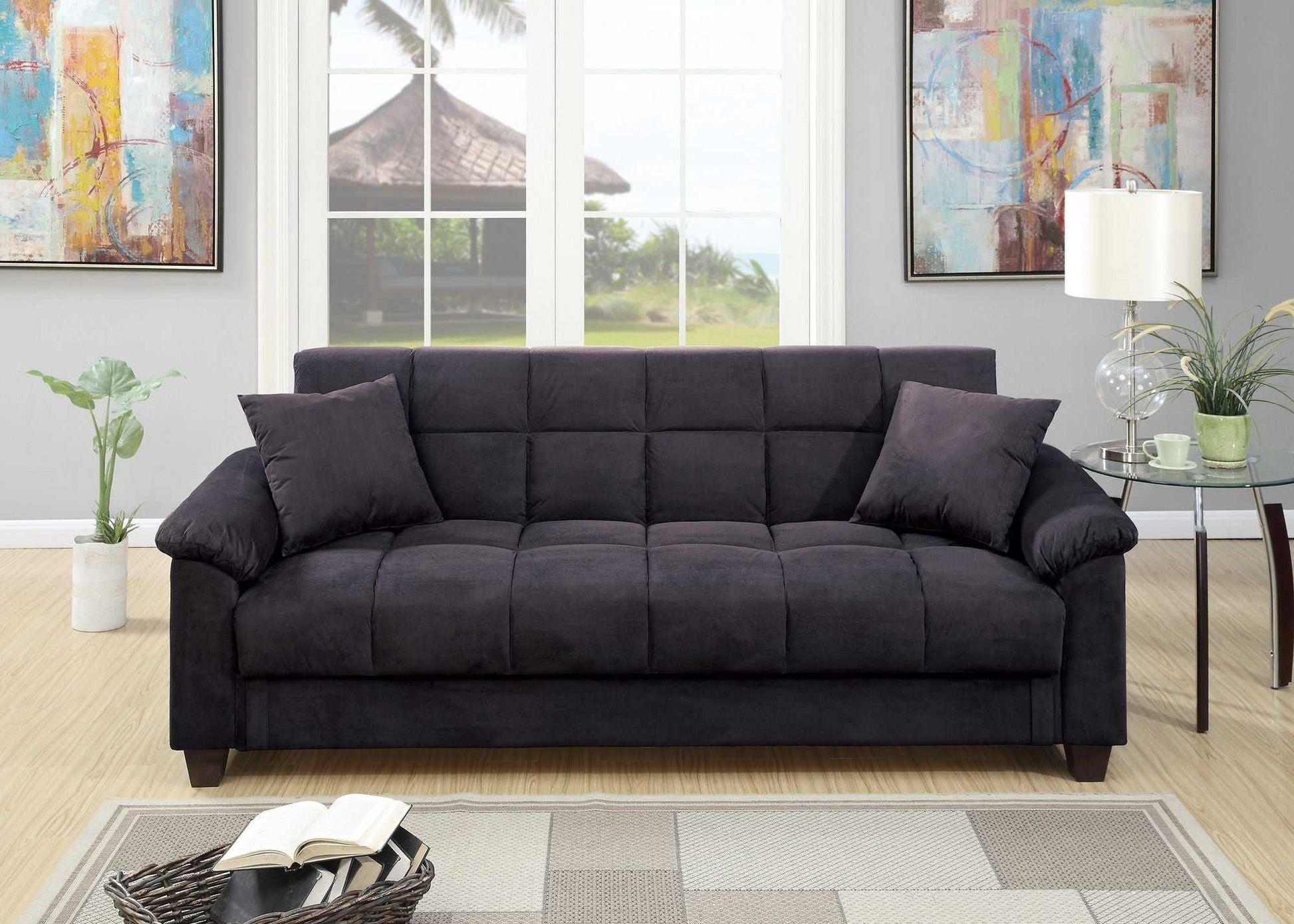 Contemporary Living Room Adjustable Sofa Ebony Microfiber Couch Plush Storage Couch 1pc Futon Sofa w Pillows - luxuryhomedecoridea.com