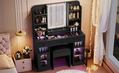 43.2" Vanity Desk with LED Mirror and Lights, Glass Top Vanity with RGB Glass Light Cabinets, Dressing Table with 3 Drawers ,Storage Shelves and Stool for Bedroom - luxuryhomedecoridea.com