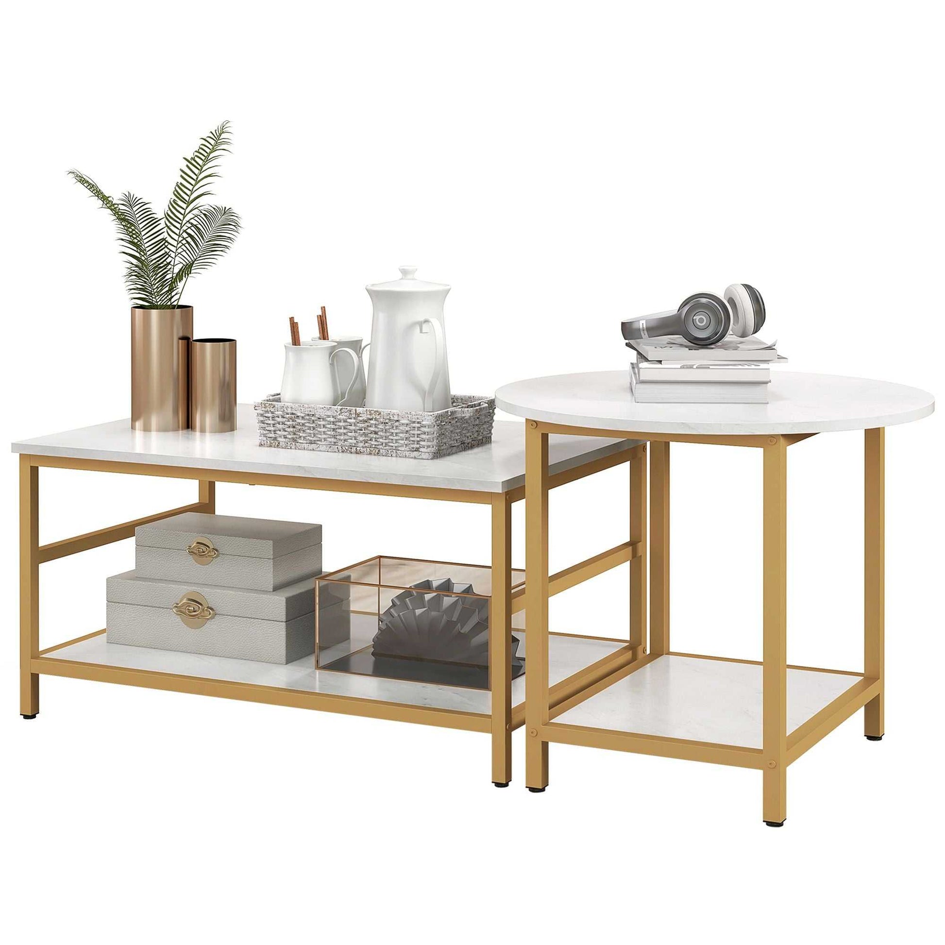 Coffee Tables Sets of 2, Rectangle and Round Coffee Table with Storage Shelves, Faux Marble Top, Living Room Table Set, White - luxuryhomedecoridea.com