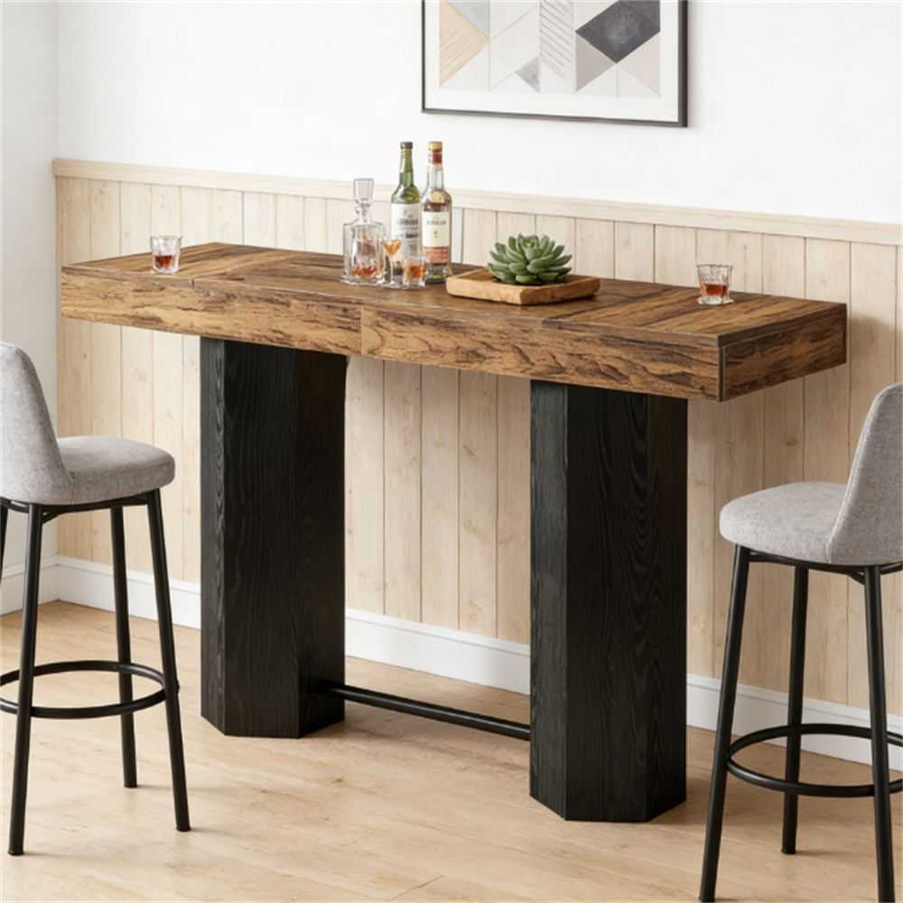 71" Industrial Bar Table - Counter Height Pub Table with Woodgrain Finish - luxuryhomedecoridea.com