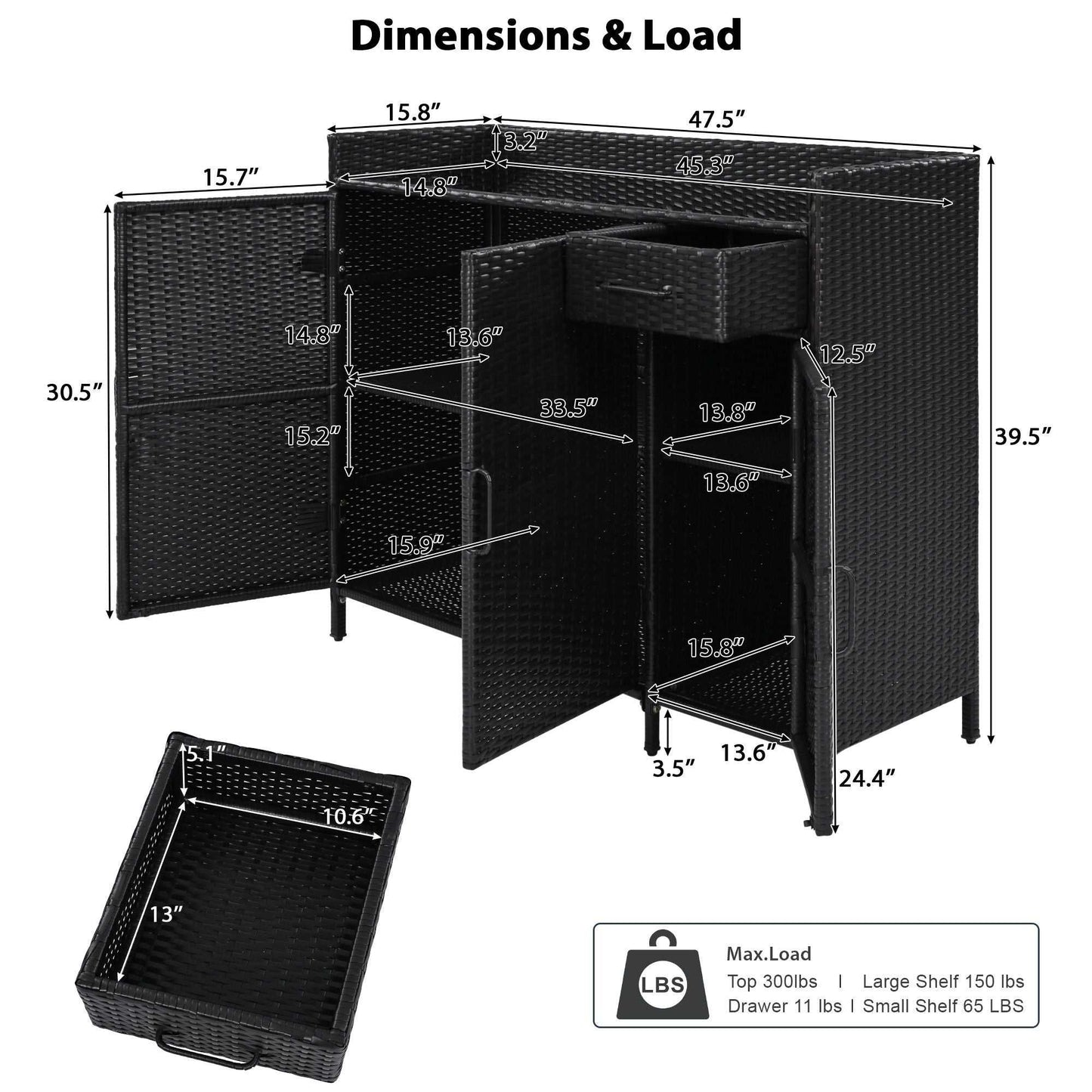 47.5"W Wicker Outdoor Storage Cabinet with Tempered Glass Desktop, Weather-proof Rattan Bar Table with Three Doors, Adjustable Shelf, and One Drawer, for Outdoor Cushions, Pool Toys - luxuryhomedecoridea.com