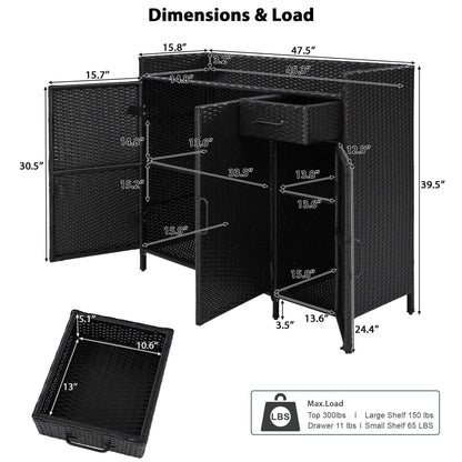 47.5"W Wicker Outdoor Storage Cabinet with Tempered Glass Desktop, Weather-proof Rattan Bar Table with Three Doors, Adjustable Shelf, and One Drawer, for Outdoor Cushions, Pool Toys - luxuryhomedecoridea.com