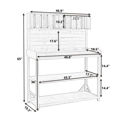 65" Large Wooden Farmhouse Rustic Outdoor Potting Bench Table; Patio Workstation; Garden Potting Bench with 4 Storage Shelves and Side Hook - luxuryhomedecoridea.com