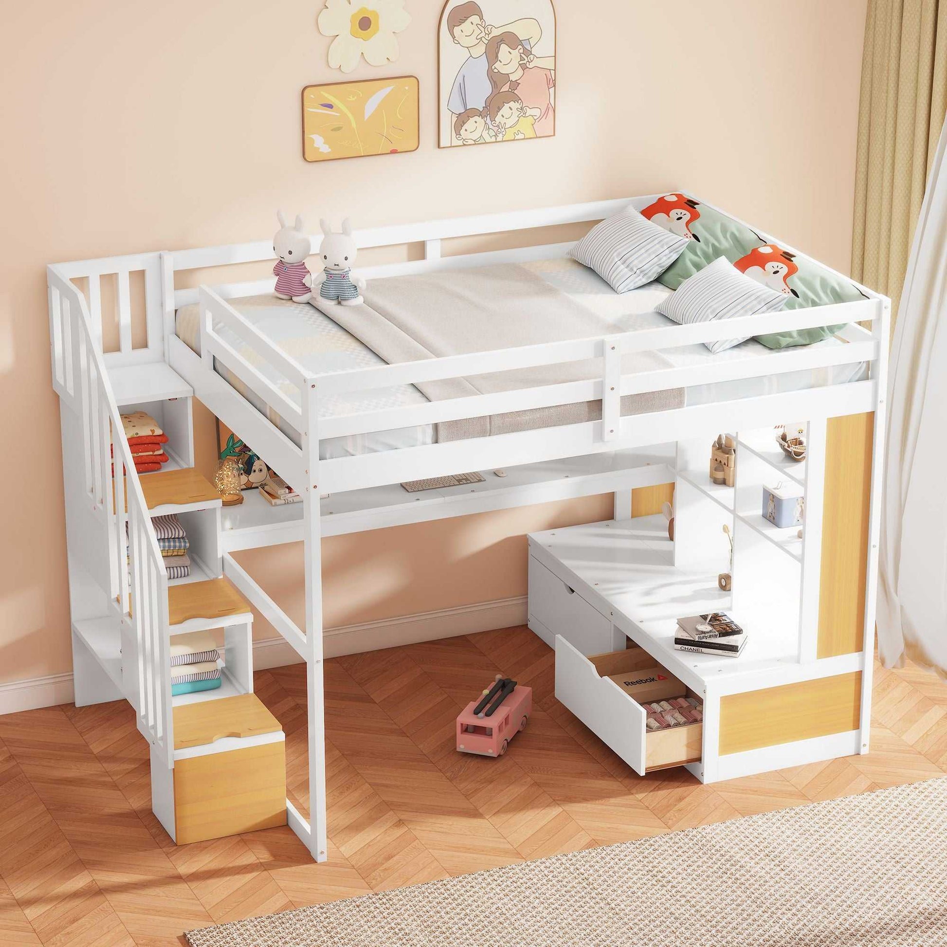 Full Size Loft Bed with Desk and Shelves, Two Built-in Drawers, Storage Staircase, White and Natural - luxuryhomedecoridea.com