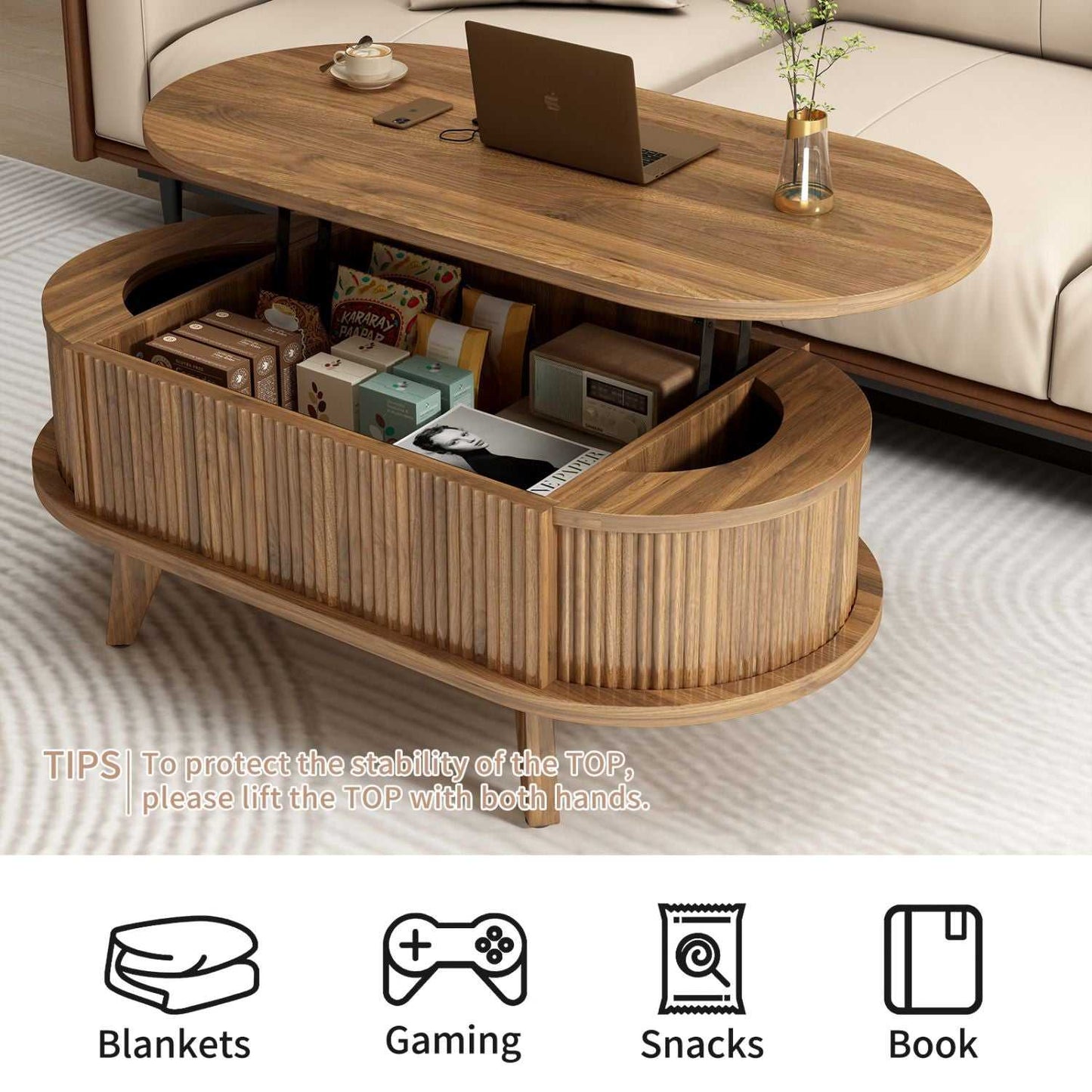 Fluted Lift Top Coffee Table with Hidden Compartment, Wooden Center Table, Modern Oval Lift Tabletop for Home Living Room Office, Walnut Brown Color - luxuryhomedecoridea.com