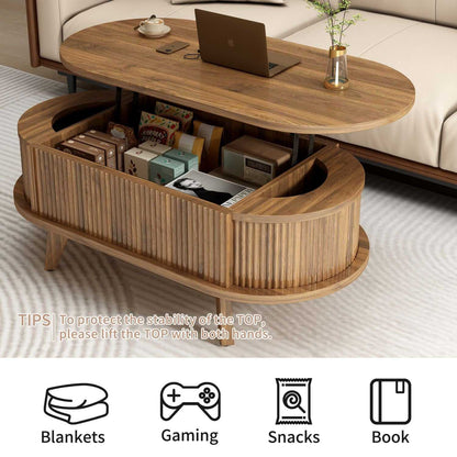 Fluted Lift Top Coffee Table with Hidden Compartment, Wooden Center Table, Modern Oval Lift Tabletop for Home Living Room Office, Walnut Brown Color - luxuryhomedecoridea.com