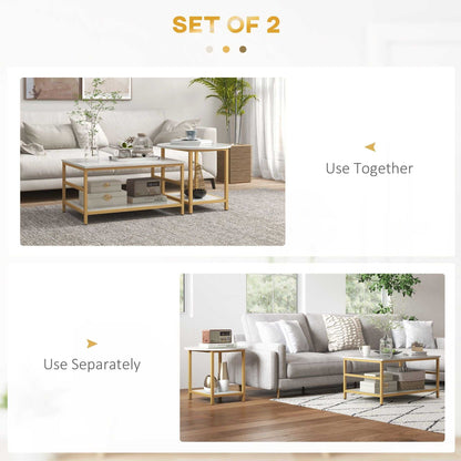 Coffee Tables Sets of 2, Rectangle and Round Coffee Table with Storage Shelves, Faux Marble Top, Living Room Table Set, White - luxuryhomedecoridea.com