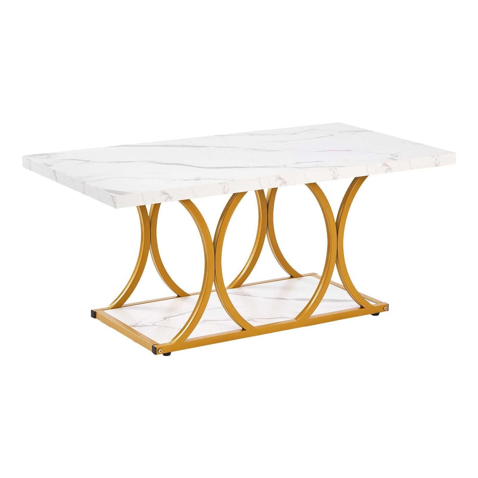 Coffee Table, Modern Faux Marble Coffee Table, 2-Tier Rectangle Center Desk with Geometric Legs, Minimalist Sturdy Metal Frame Accent End Desk for Living Room, Office, Easy Assembly, White - luxuryhomedecoridea.com