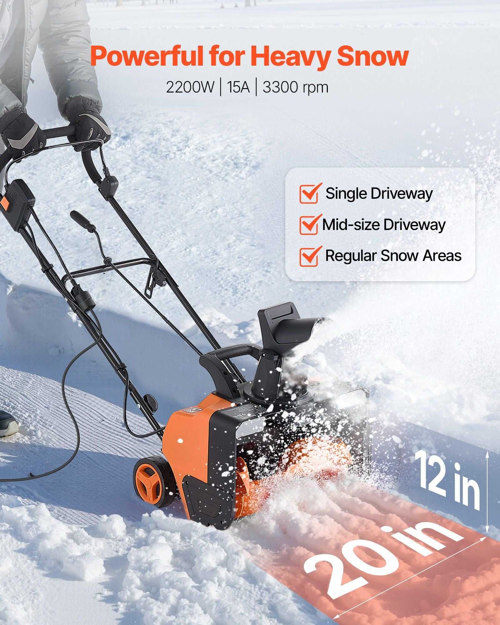 VEVOR Electric Snow Blower, 20 inch 15A Corded Snow Thrower with Dual LED Headlights & 180° Rotating Chute, 25FT Throwing Distance, 12" Depth Clearing, Walk-Behind Snowblower for Driveway Sidewalk - luxuryhomedecoridea.com