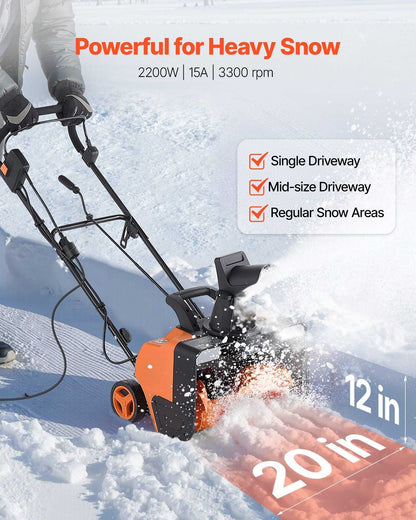VEVOR Electric Snow Blower, 20 inch 15A Corded Snow Thrower with Dual LED Headlights & 180° Rotating Chute, 25FT Throwing Distance, 12" Depth Clearing, Walk-Behind Snowblower for Driveway Sidewalk - luxuryhomedecoridea.com