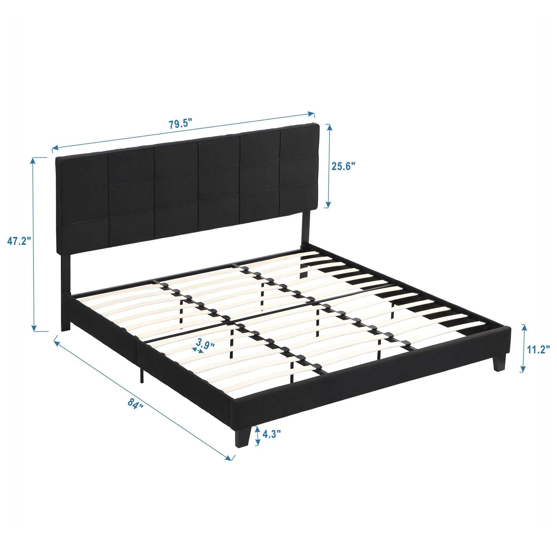 King Size Upholstered Platform Bed Frame with Linen Fabric Headboard, No Box Spring Needed, Wood Slat Support, Easy Assembly, BLACK - luxuryhomedecoridea.com