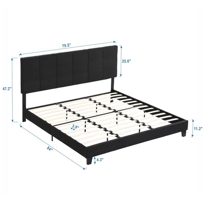 King Size Upholstered Platform Bed Frame with Linen Fabric Headboard, No Box Spring Needed, Wood Slat Support, Easy Assembly, BLACK - luxuryhomedecoridea.com