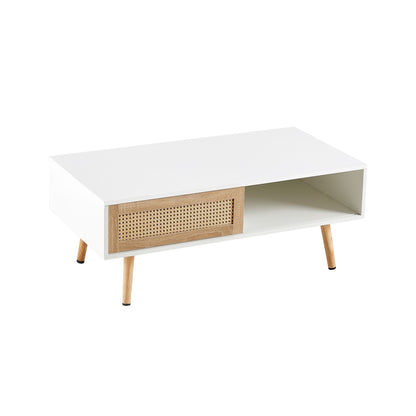 41.34" Rattan Coffee table, sliding door for storage, solid wood legs, Modern table for living room - luxuryhomedecoridea.com