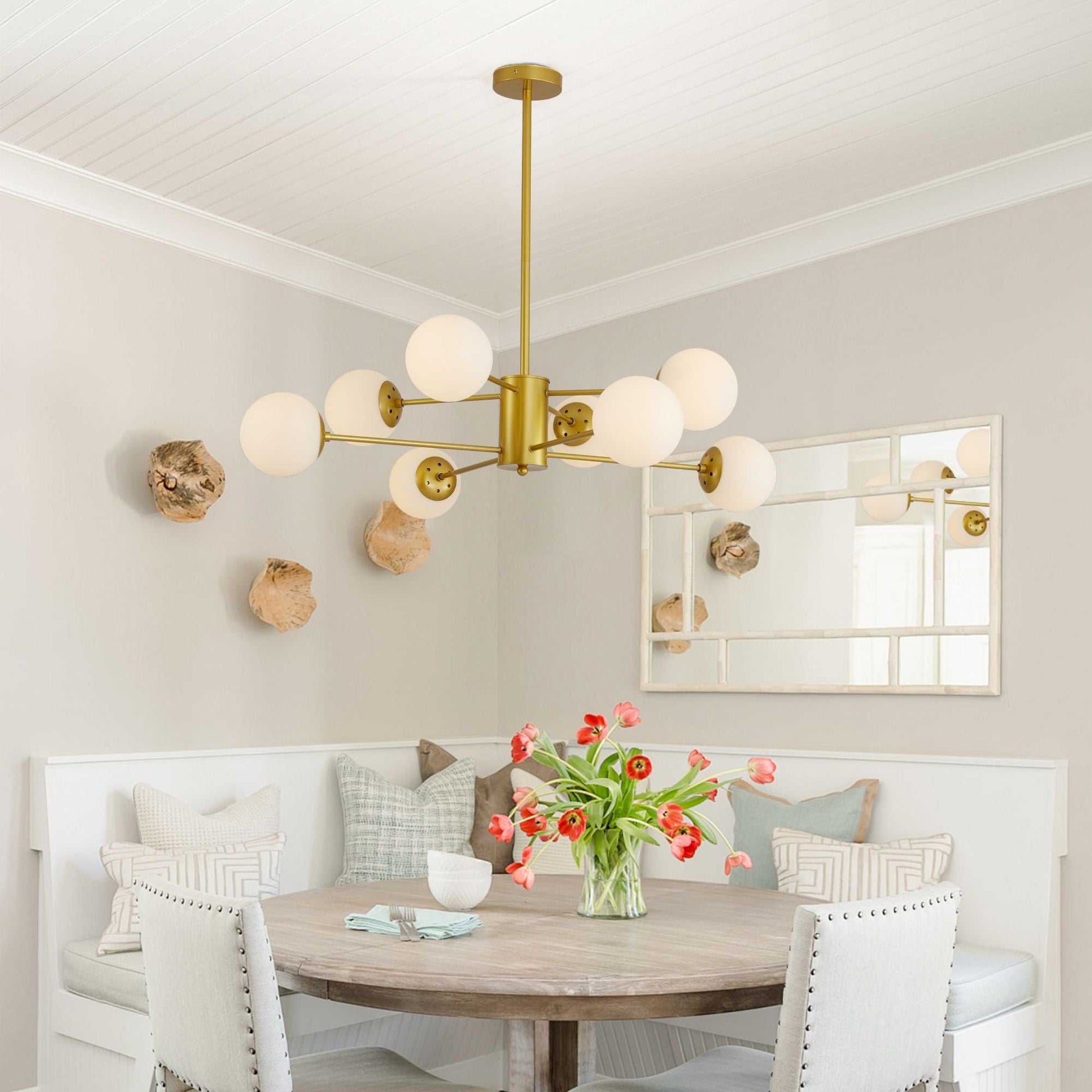35" Modern 8-Light Gold Chandelier with White Glass Globe Shades, Mid-Century Branching Design, Elegant Ceiling Light Fixture for Dining Room, Living Room, or Bedroom (No Bulbs) - luxuryhomedecoridea.com