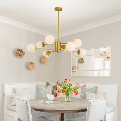 35" Modern 8-Light Gold Chandelier with White Glass Globe Shades, Mid-Century Branching Design, Elegant Ceiling Light Fixture for Dining Room, Living Room, or Bedroom (No Bulbs) - luxuryhomedecoridea.com