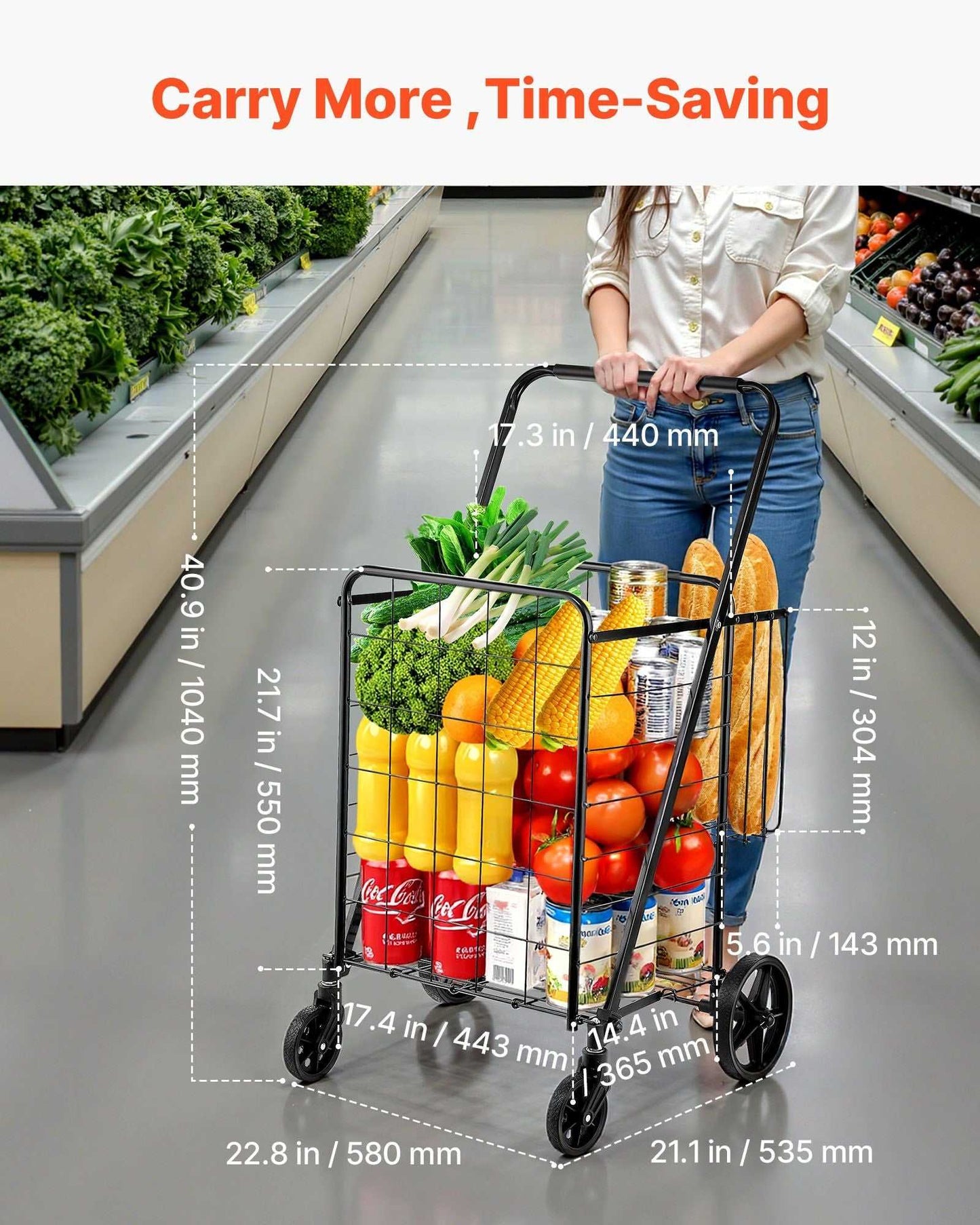 VEVOR Folding Shopping Cart, Jumbo Grocery Cart with Double Baskets, 360° Swivel Wheels, Heavy Duty Utility Cart, 110 LBS Large Capacity Utility Cart for Laundry, Shopping, Grocery, Luggage - luxuryhomedecoridea.com
