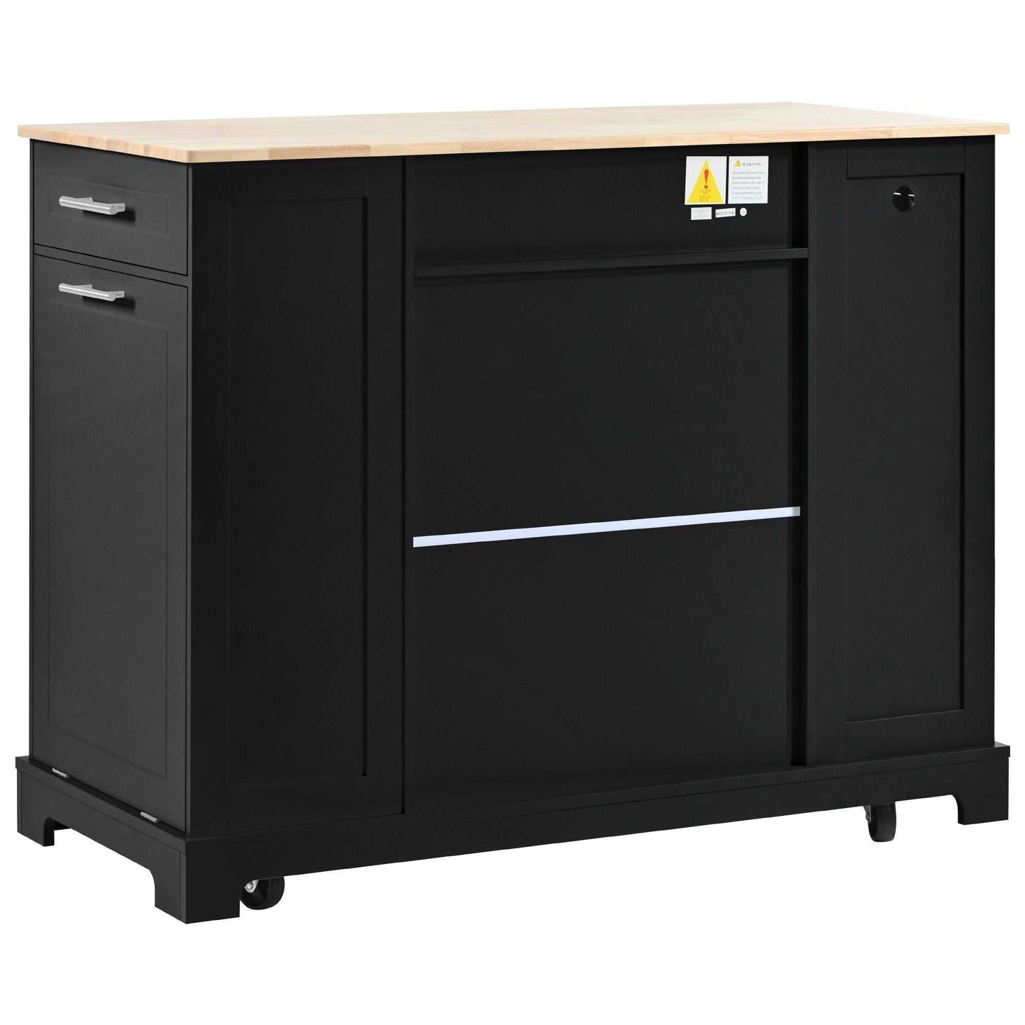 Fluted Kitchen Island with Trash Can Storage Cabinet, Power Outlet, Internal Storage Rack, Rolling Kitchen Islands on 5 Wheels with 3 Drawer, 3 Open Side Racks for 10 Gallon Garbage Bin - luxuryhomedecoridea.com