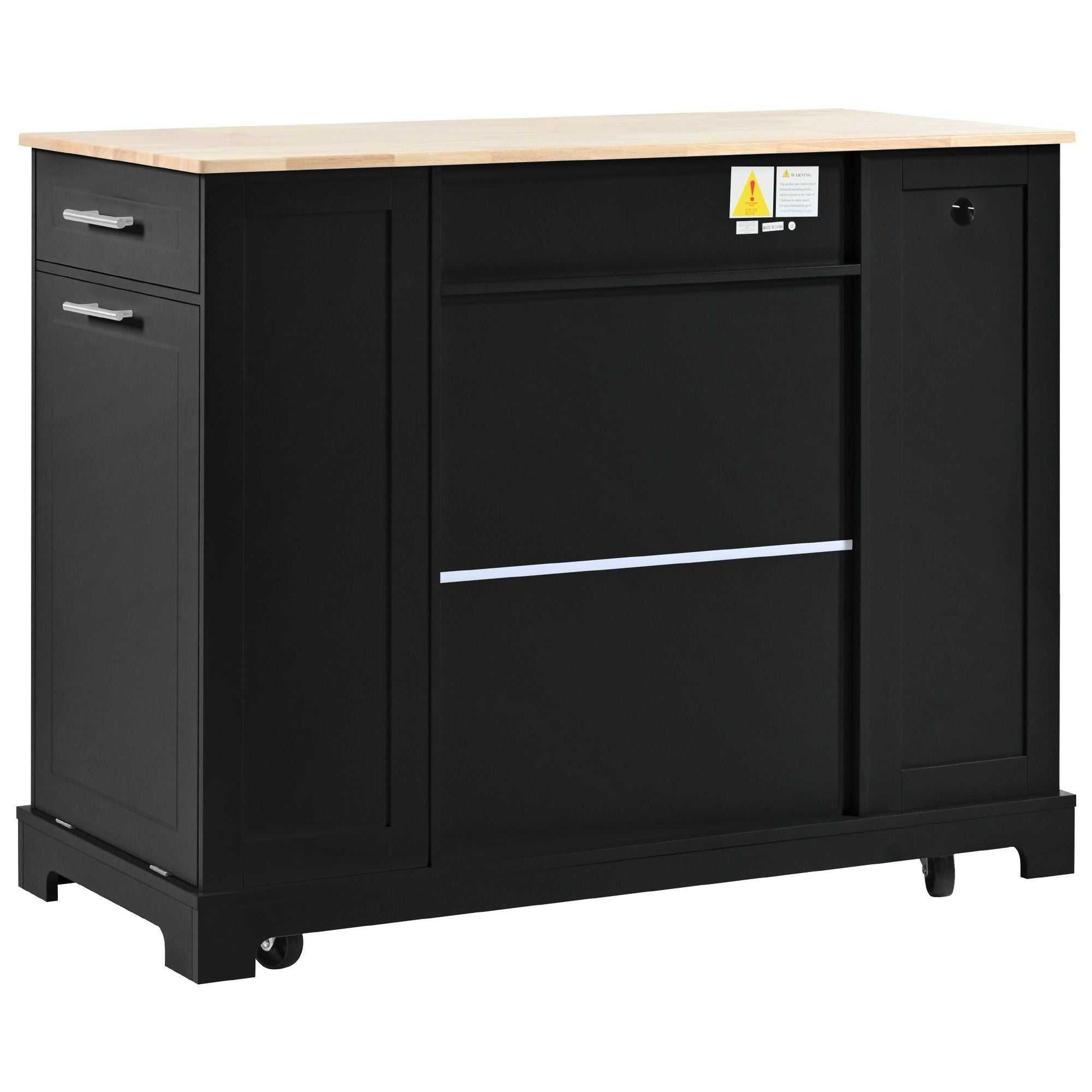 Fluted Kitchen Island with Trash Can Storage Cabinet, Power Outlet, Internal Storage Rack, Rolling Kitchen Islands on 5 Wheels with 3 Drawer, 3 Open Side Racks for 10 Gallon Garbage Bin - luxuryhomedecoridea.com