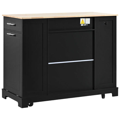 Fluted Kitchen Island with Trash Can Storage Cabinet, Power Outlet, Internal Storage Rack, Rolling Kitchen Islands on 5 Wheels with 3 Drawer, 3 Open Side Racks for 10 Gallon Garbage Bin - luxuryhomedecoridea.com