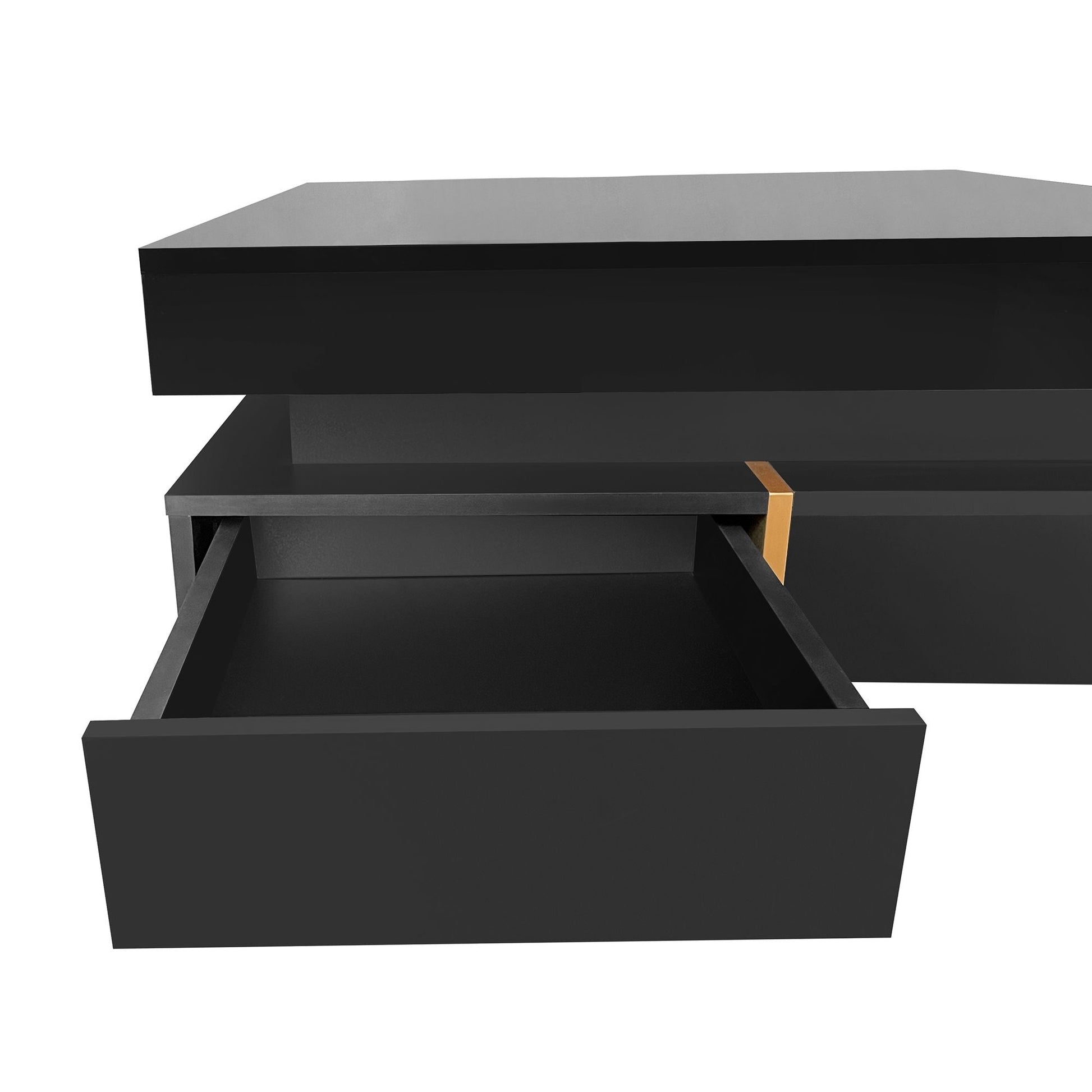 ON-TREND Modern High Gloss Coffee Table with 4 Drawers, Multi-Storage Square Cocktail Tea Table with Wood Grain Legs, Center Table for Living Room, 31.5''x31.5'', Black - luxuryhomedecoridea.com