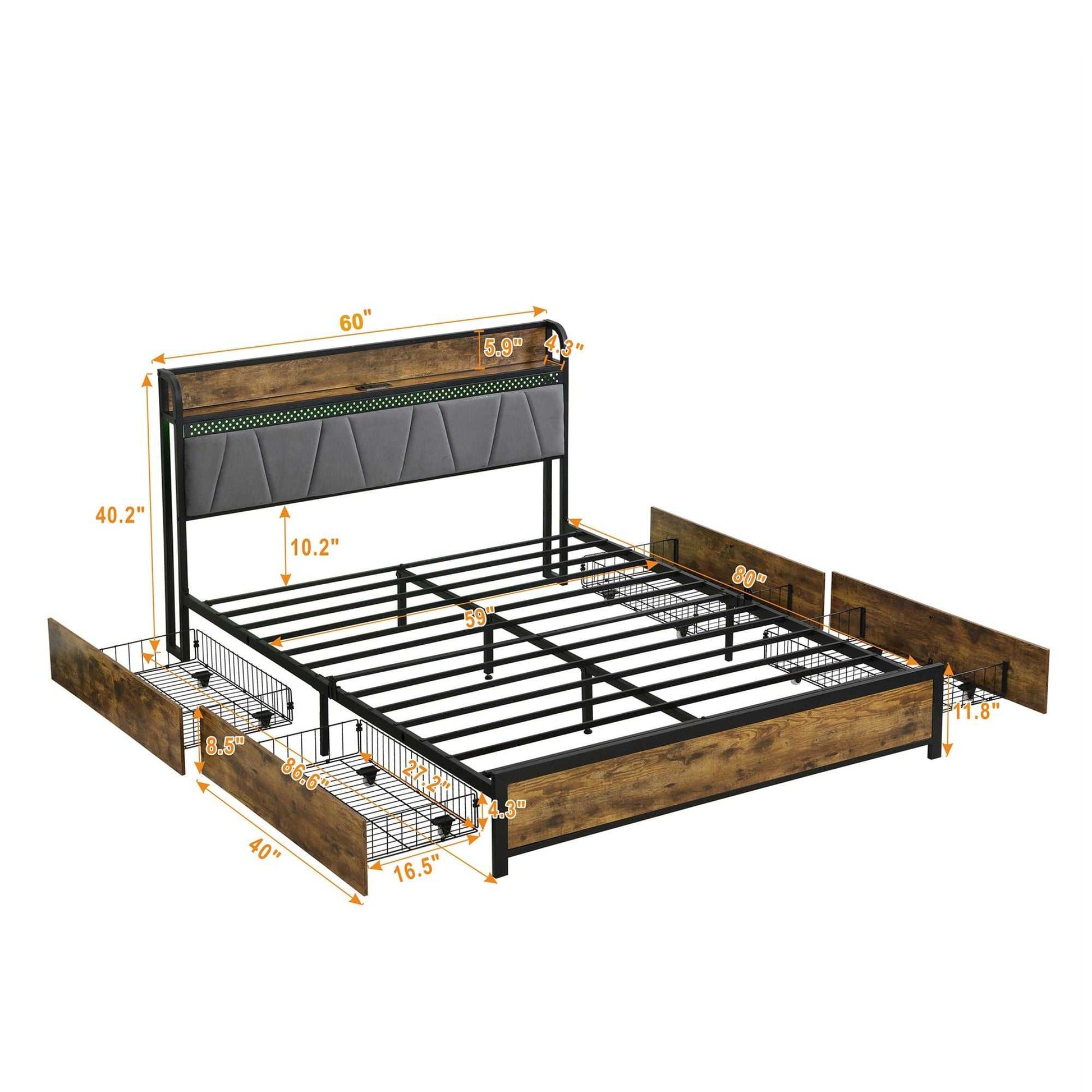 Queen Size Bed Frame, Storage Headboard with Charging Station and 4 Storage Drawers,LED Lights , Brown and Gray - luxuryhomedecoridea.com