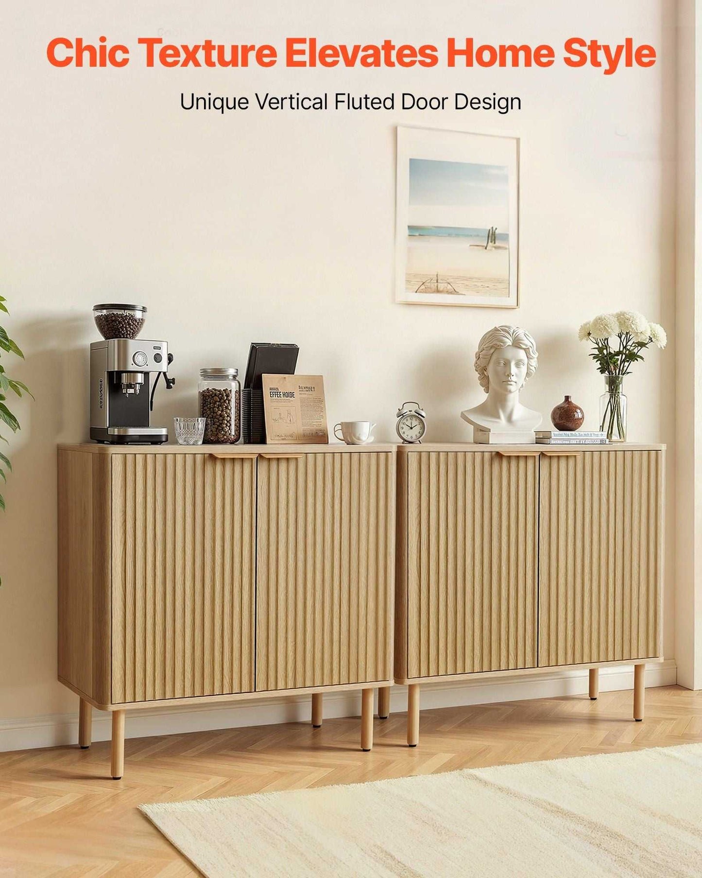 Coffee Bar Cabinet, Mid Century Fluted Coffee Bar Table with 2-Tier Storage, Buffet Stand Cabinet with 4 Barn Doors, Sideboard Buffet Station for Living Room, Entryway, 31.5x14.7x31.5 in(Single) - luxuryhomedecoridea.com