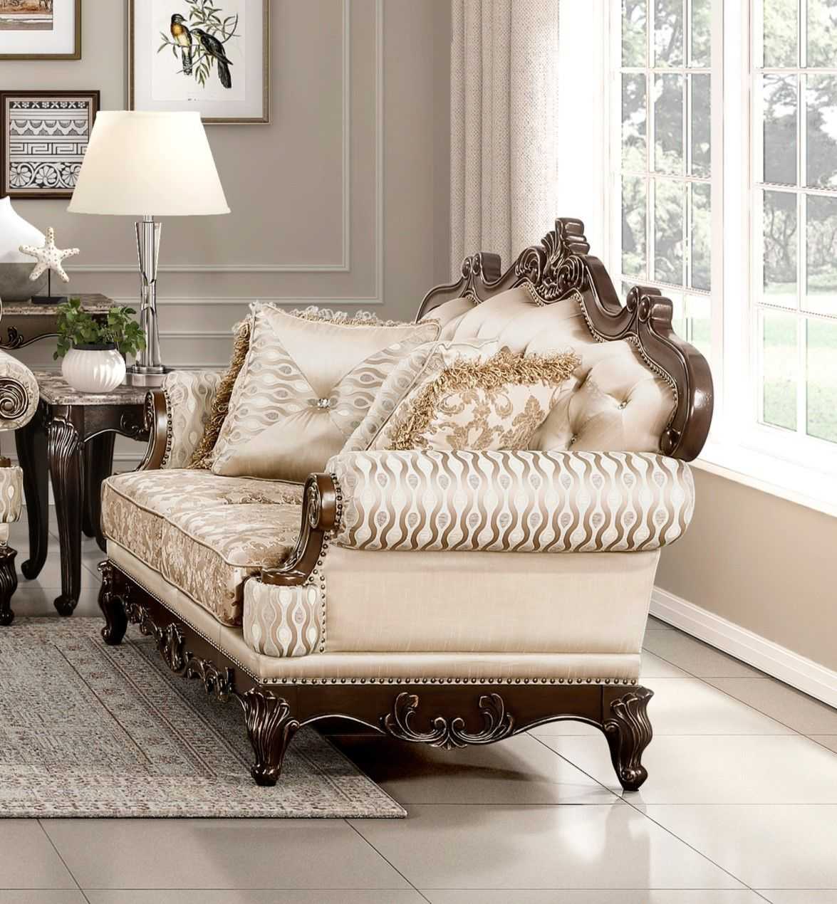 Formal Traditional Luxury Sofa Set 3pc Sofa Loveseat Chair Cherry Finish with Gold Tipping Solid Wood Living Room Furniture - luxuryhomedecoridea.com
