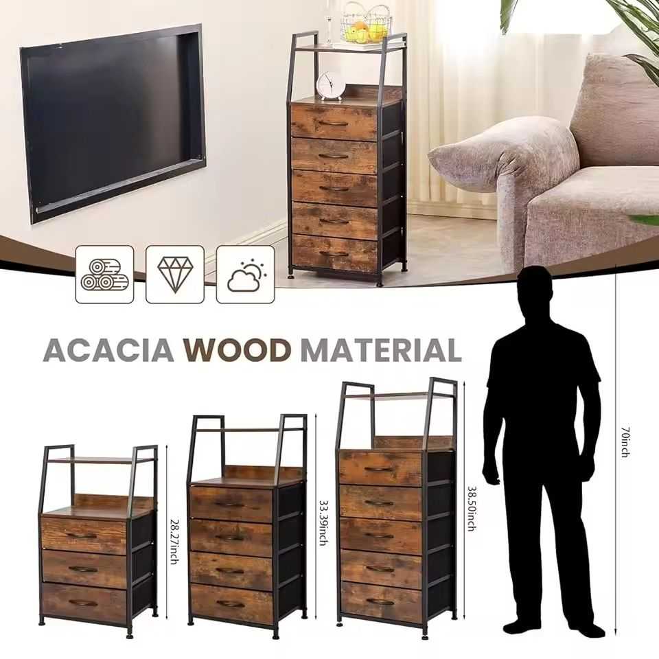 Rustic Brown Nightstand with 5 Drawers and 2 Tier Display Shelf Bedside Table Storage Cabinet for Bedroom Dresser Nursery Hallway Entryway Closet End Table Organizer - luxuryhomedecoridea.com