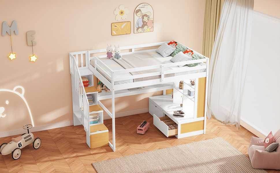 Full Size Loft Bed with Desk and Shelves, Two Built-in Drawers, Storage Staircase, White and Natural - luxuryhomedecoridea.com