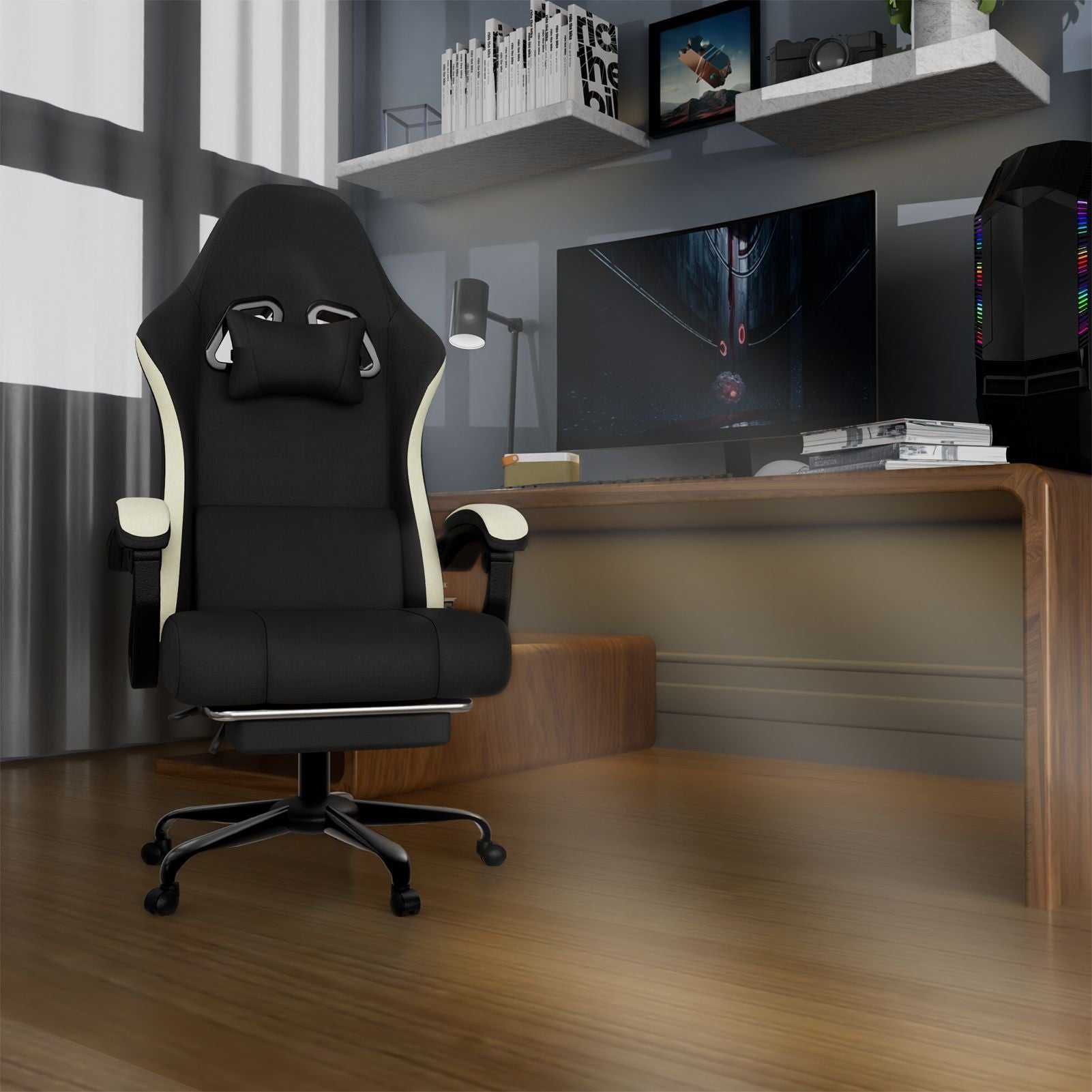 Ergonomic Gaming Chair with Pocketed Spring Cushion, Breathable Fabric Computer Chair with Footrest, Adjustable Lumbar Support Video Game Chair for Adults (Fabric) - luxuryhomedecoridea.com