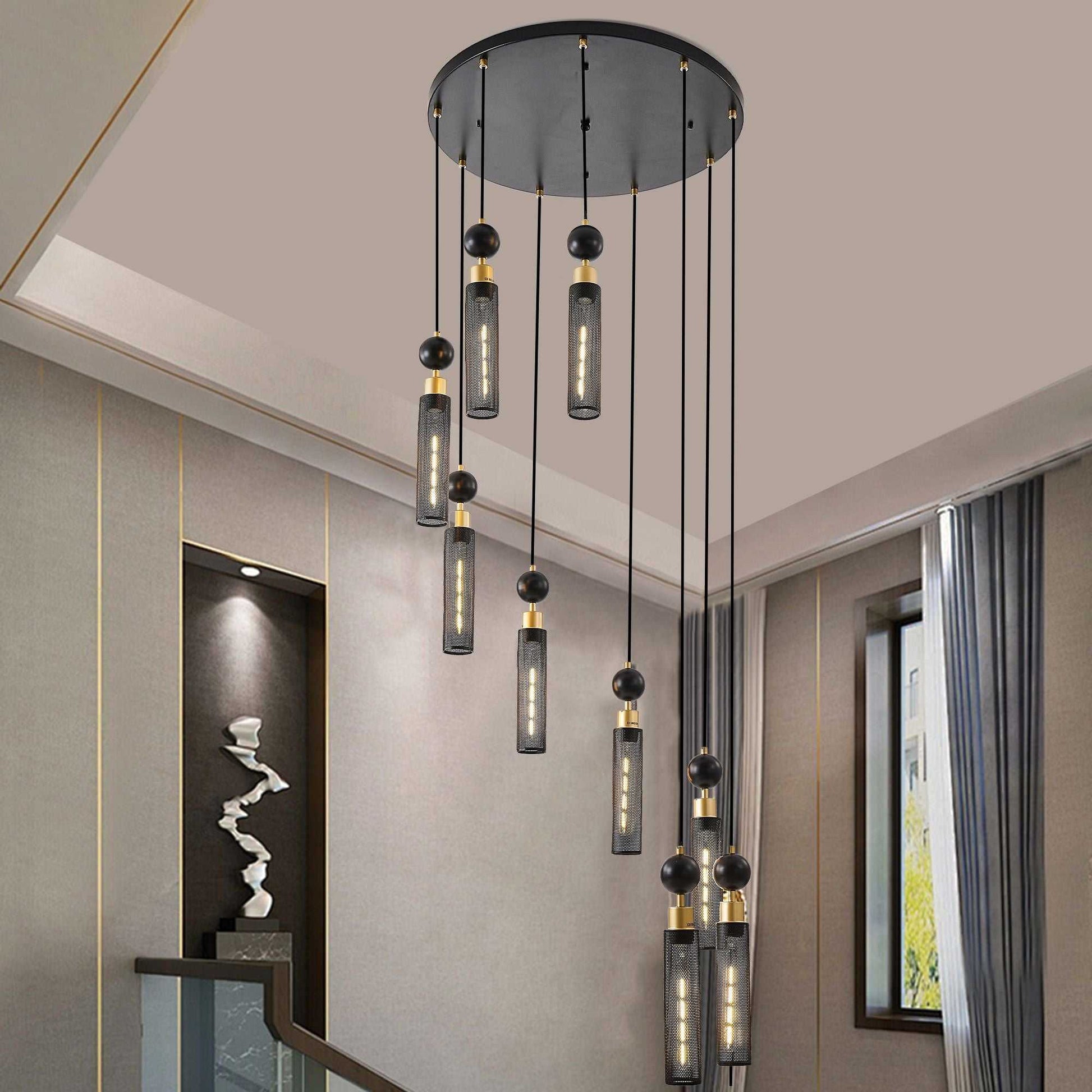 24" Modern Industrial Multi-Light Pendant Chandelier - 9-Light Black and Gold Adjustable Ceiling Light Fixture with Mesh Cylinder Shades for Living Room, Dining Room, or Staircase (Bulb Not Included) - luxuryhomedecoridea.com