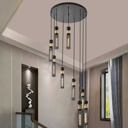 24" Modern Industrial Multi-Light Pendant Chandelier - 9-Light Black and Gold Adjustable Ceiling Light Fixture with Mesh Cylinder Shades for Living Room, Dining Room, or Staircase (Bulb Not Included) - luxuryhomedecoridea.com