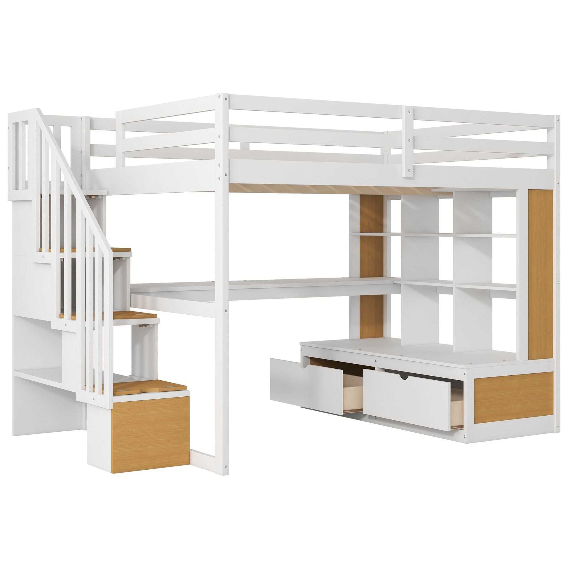 Full Size Loft Bed with Desk and Shelves, Two Built-in Drawers, Storage Staircase, White and Natural - luxuryhomedecoridea.com