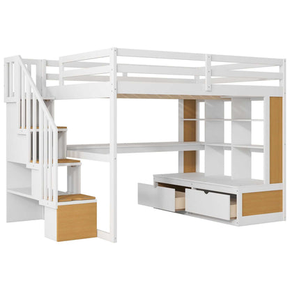 Full Size Loft Bed with Desk and Shelves, Two Built-in Drawers, Storage Staircase, White and Natural - luxuryhomedecoridea.com