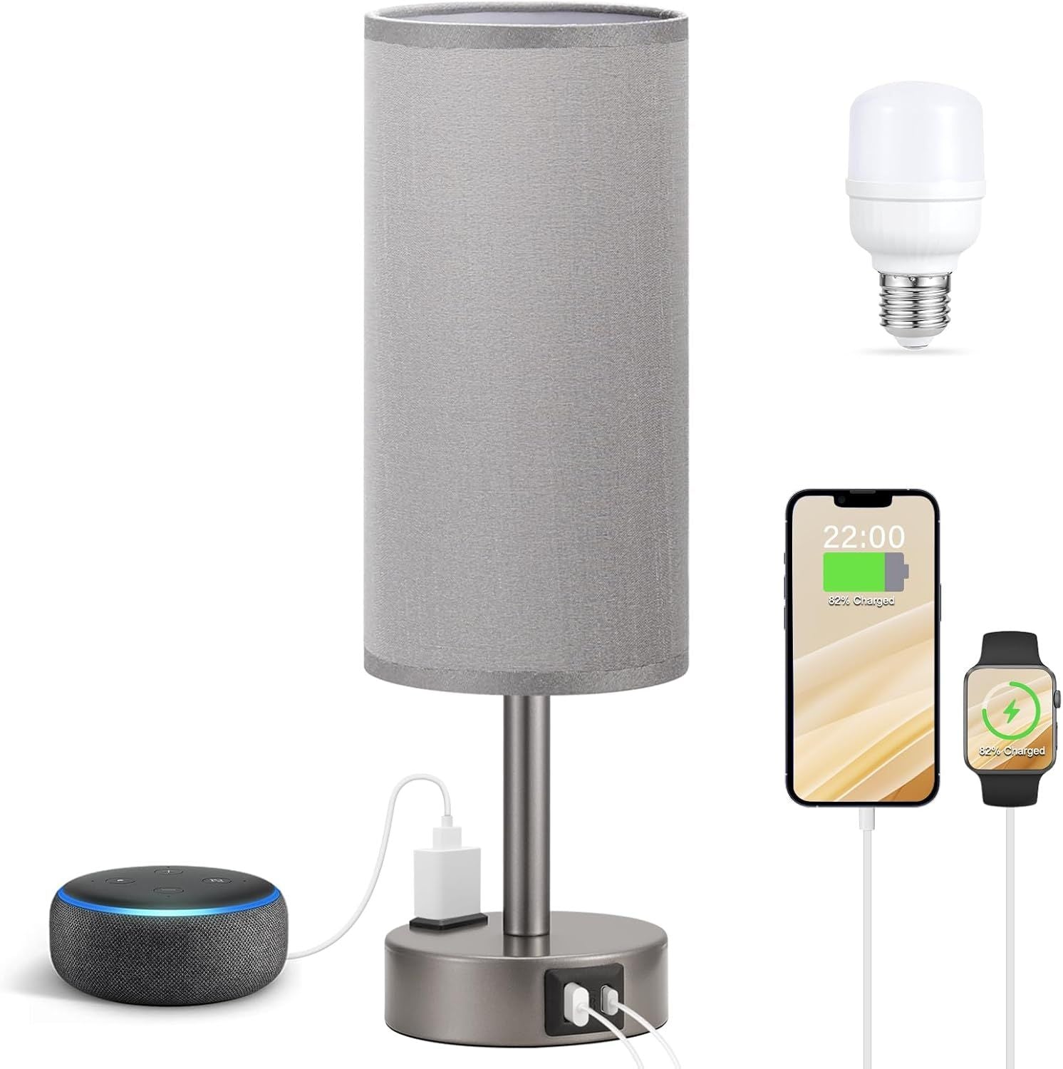 Grey Bedside Table Lamp for Bedroom - 3 Way Dimmable Touch Lamp USB C Charging Ports and AC Outlet, Small Lamp for Living Room, Desk, LED Bulb Included - luxuryhomedecoridea.com