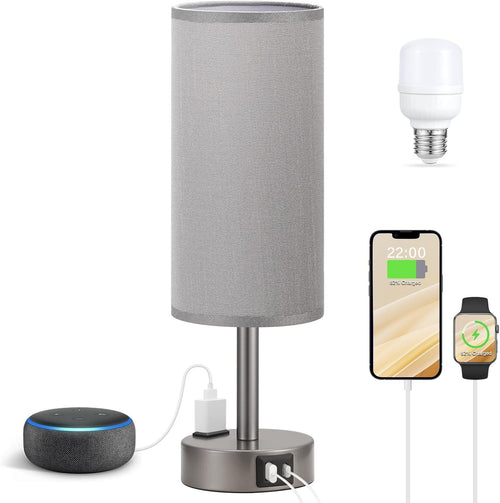 Grey Bedside Table Lamp for Bedroom - 3 Way Dimmable Touch Lamp USB C Charging Ports and AC Outlet, Small Lamp for Living Room, Desk, LED Bulb Included - luxuryhomedecoridea.com