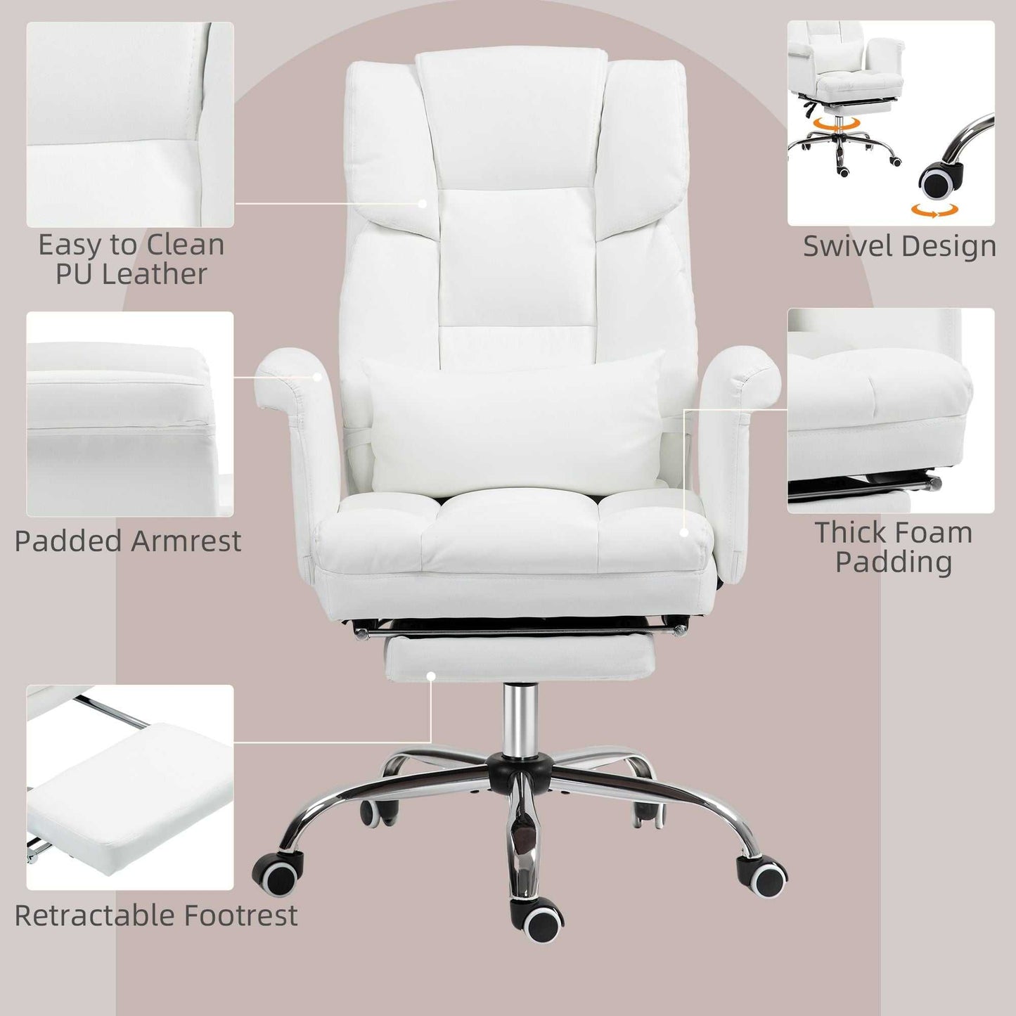 Executive Office Chair with Footrest and Lumbar Support, PU Leather Reclining Office Desk Chair, Ergonomic and Swivel, White - luxuryhomedecoridea.com