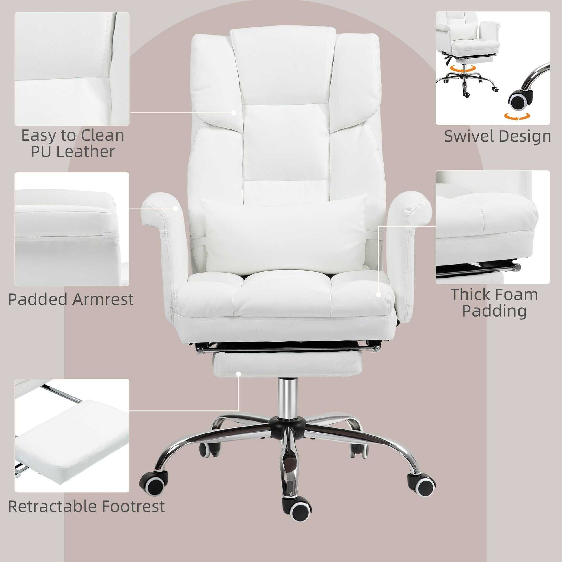 Executive Office Chair with Footrest and Lumbar Support, PU Leather Reclining Office Desk Chair, Ergonomic and Swivel, White - luxuryhomedecoridea.com