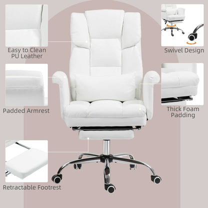 Executive Office Chair with Footrest and Lumbar Support, PU Leather Reclining Office Desk Chair, Ergonomic and Swivel, White - luxuryhomedecoridea.com