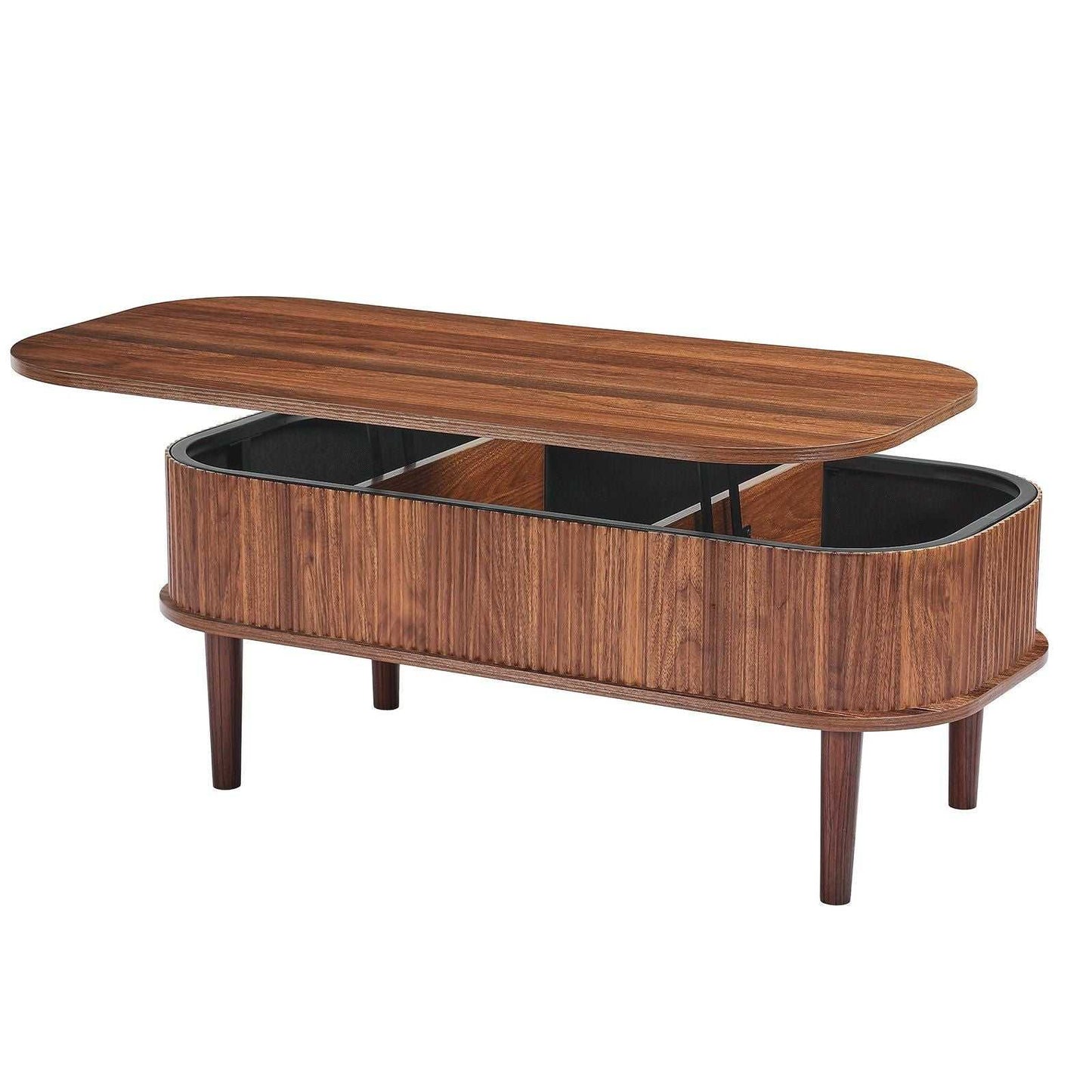 39.4 in Lift Top Coffee Table, Fluted Oval Coffee Table with 3 Hidden Compartment, Mid Century Wooden Oval Center Desk with Storage, Lift Up Tabletop for Home & Office, Easy Assembly, Walnut - luxuryhomedecoridea.com